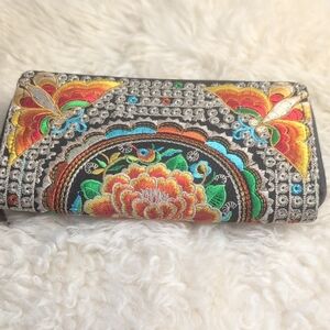 EMBROIDERED BUTTERFLY FLORAL BOHO ZIP WALLET